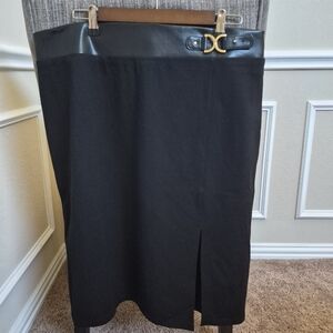 Black Midi Skirt with Faux Leather Waist and Gold Buckle
